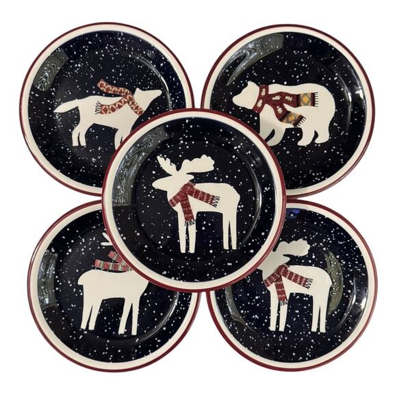 Debbie Mumm Snow Flurries 5-Piece Salad Plates Winter Woodland Animals Set - Picture 1 of 3